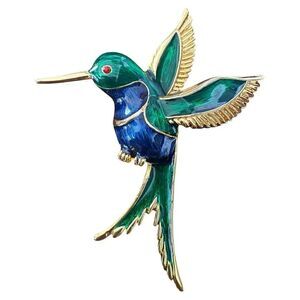 Vibrant Hummingbird Enamel Brooch – Green & Blue with Gold-Tone Accents